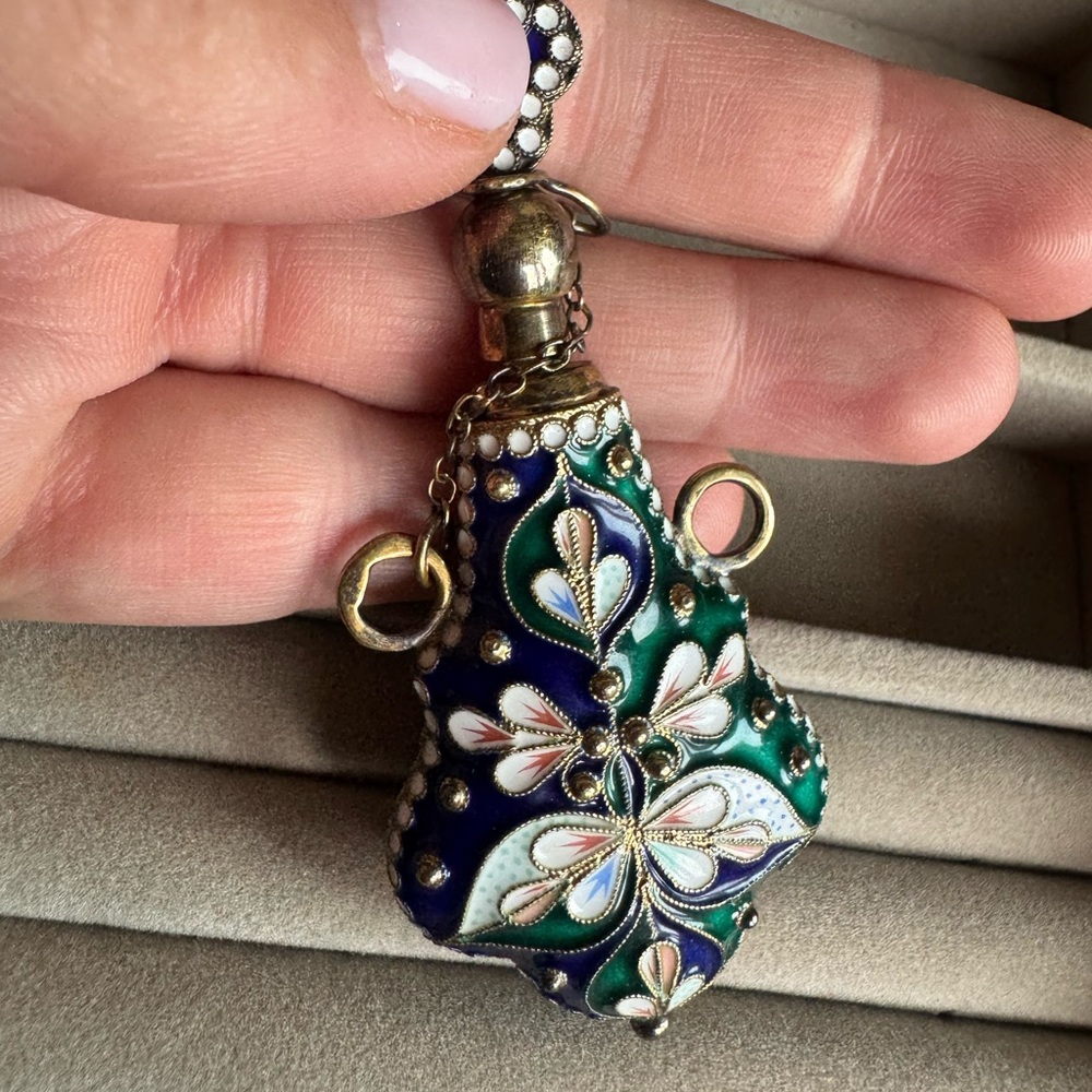 Beautiful Sterling silver enamel oil and perfume decanter - Picture 2 of 13